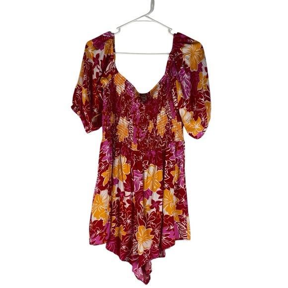NEW Roxy Barefoot Bade Smocked Romper Large Red Pink Orange Hibiscus Floral - Picture 5 of 13
